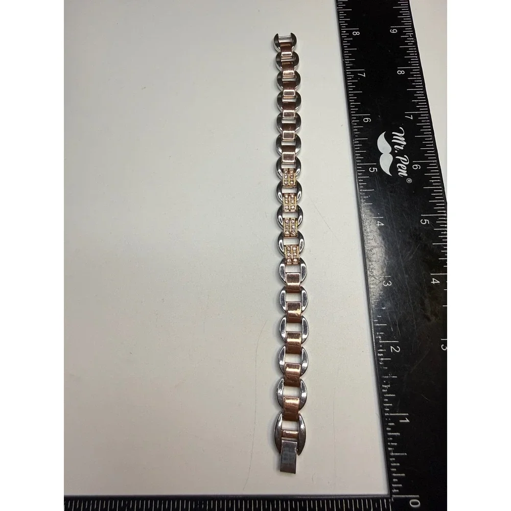 Two Tone Rose Gold and Silver Link Bracelet with Crystal Accents 7.25 Inch
